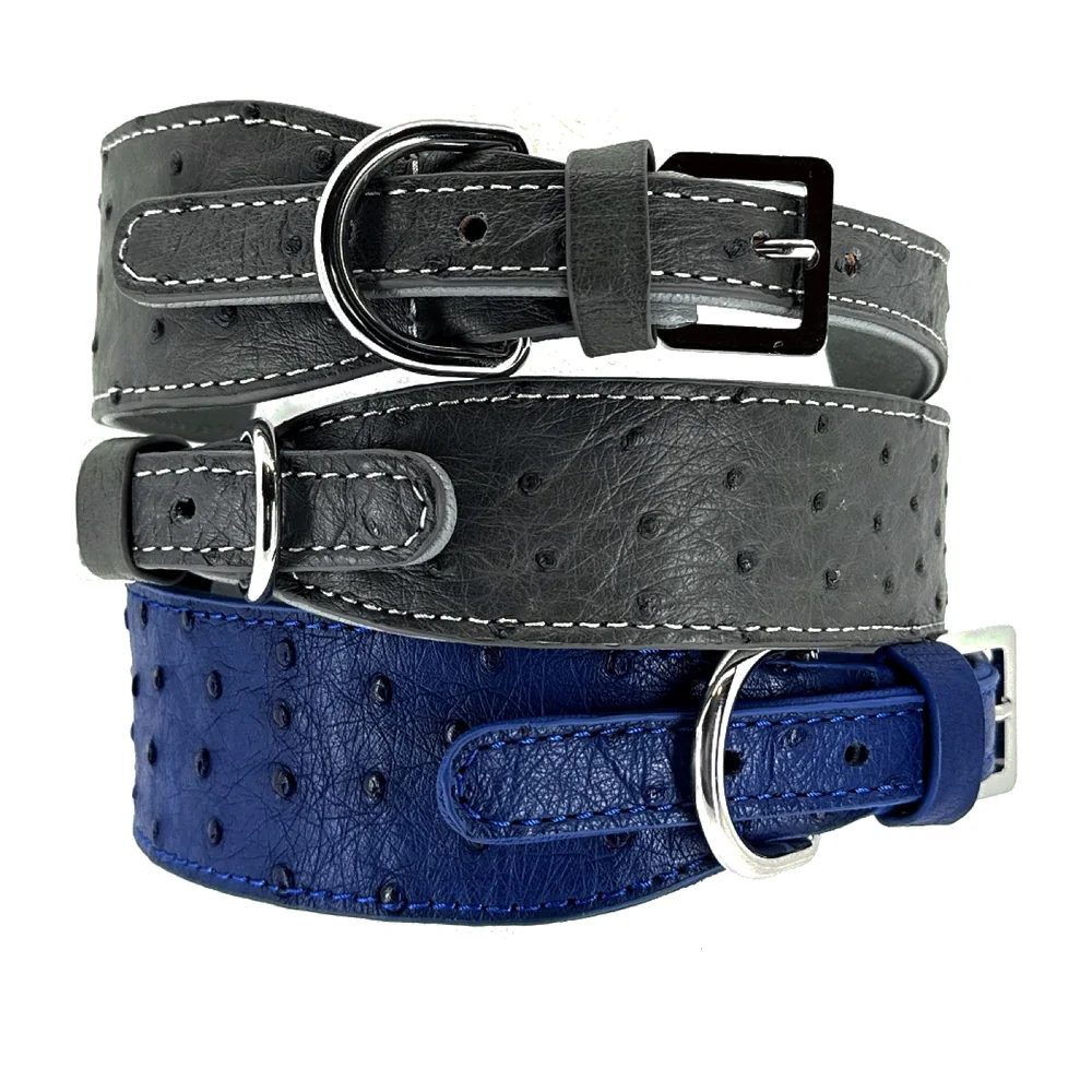 Stack of grey and royal blue ostrich collars