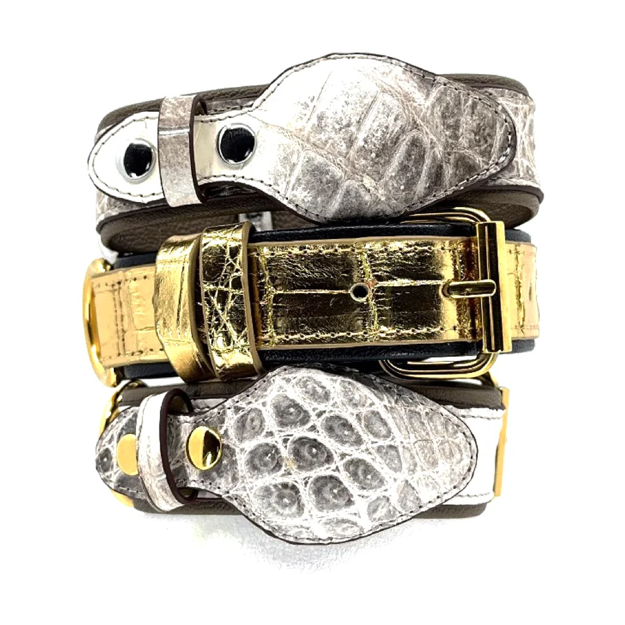 Stack of Himalayan and gold crocodile collars