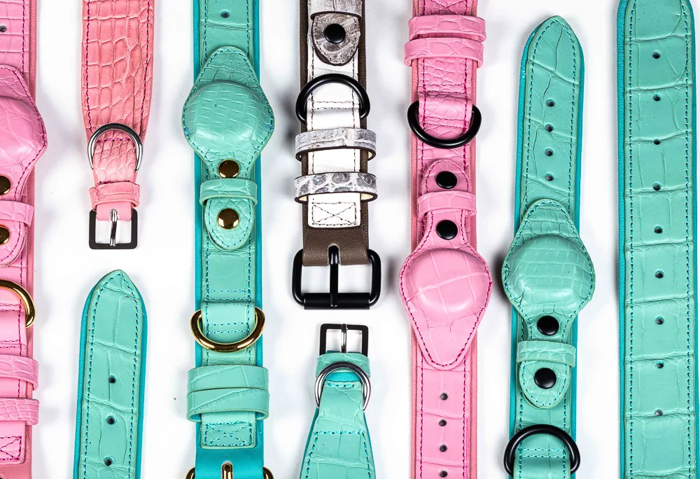 Flat lay of Rich Dogue handcrafted crocodile dog collars in pastel pink, turquoise and Himalayan