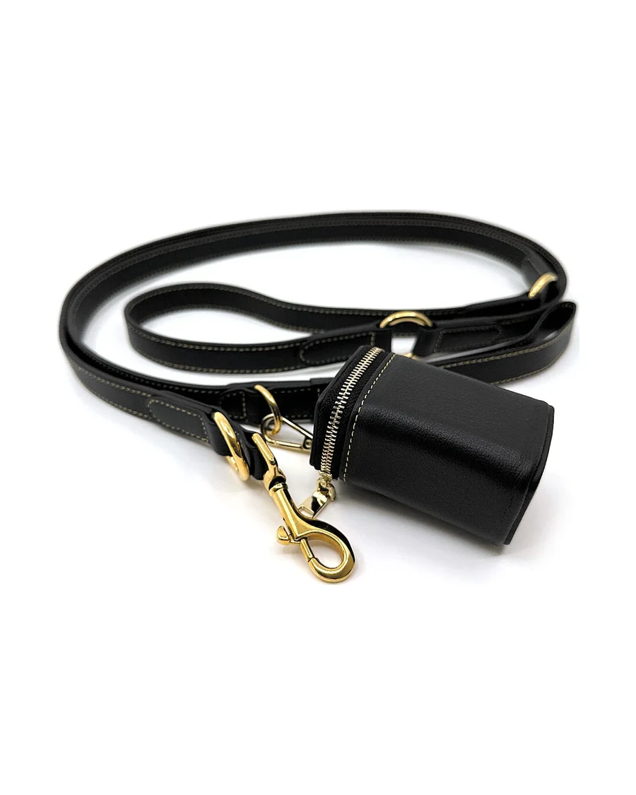 Black Goatskin Leash Set with gold hardware: the leash and its matching poop bag holder