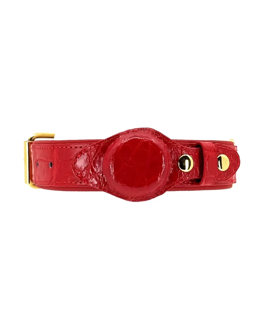 Red Crocodile Tracker Collar with gold hardware, showing the leather tracker pocket