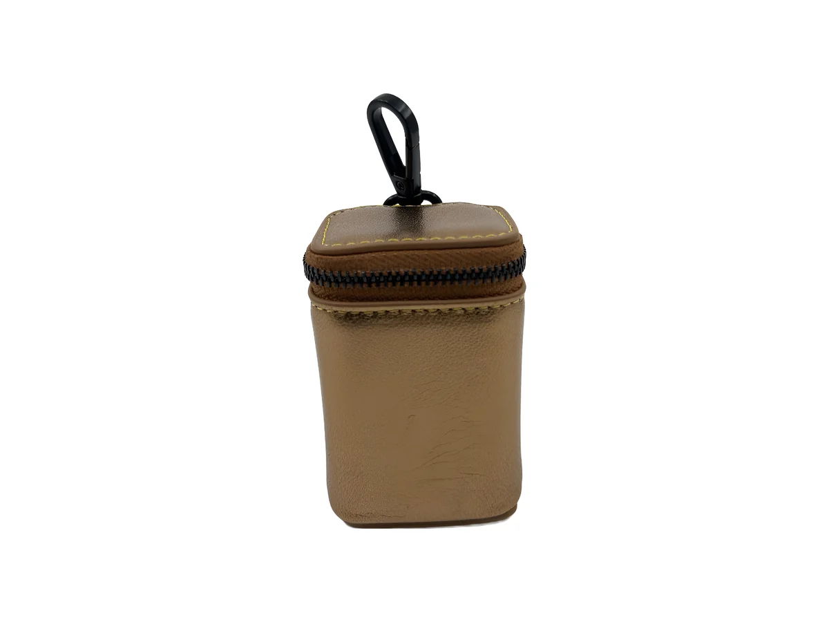 Bronze metallic goatskin poop bag holder with black hardware, front view
