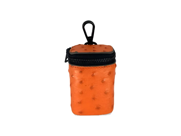 Sunset Orange Ostrich Poop Bag Holder, black hardware: luxury ostrich poop bag holder