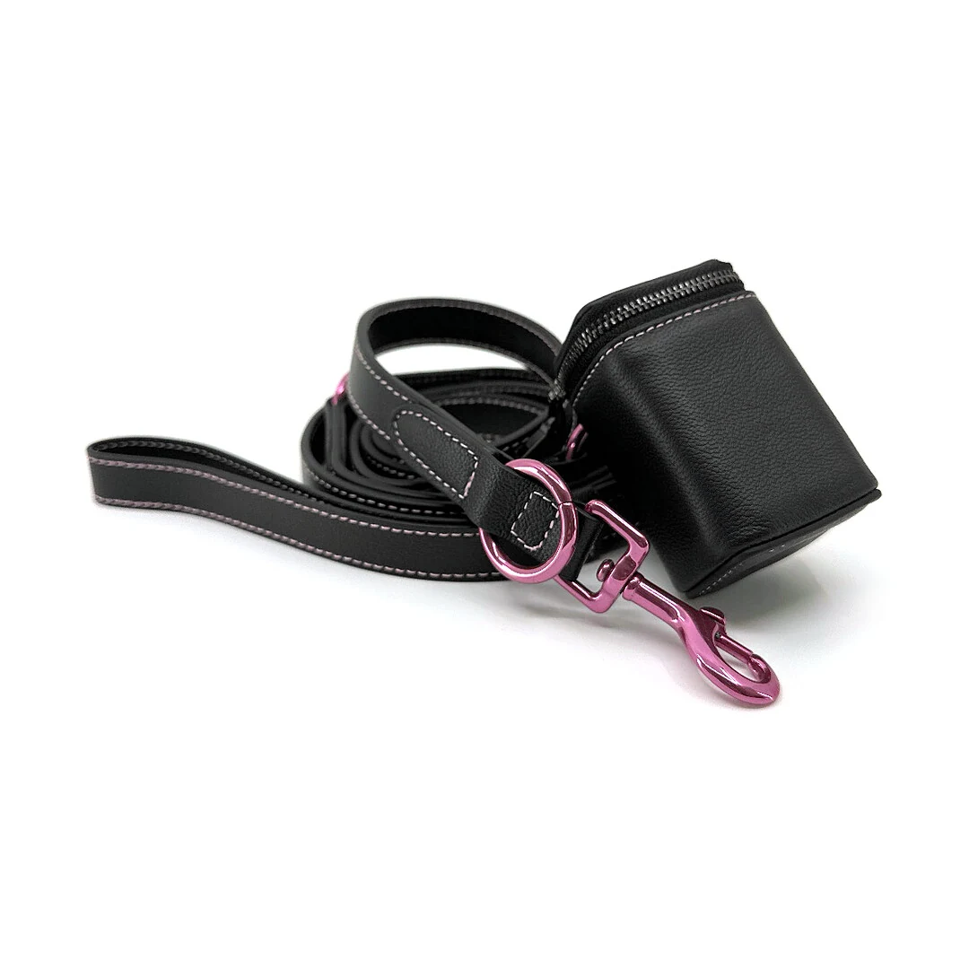 Black Goatskin 7 ft Leash & Poop Bag Holder Set, pink hardware with pink stitching: luxury goatskin dog leash and poop bag holder set