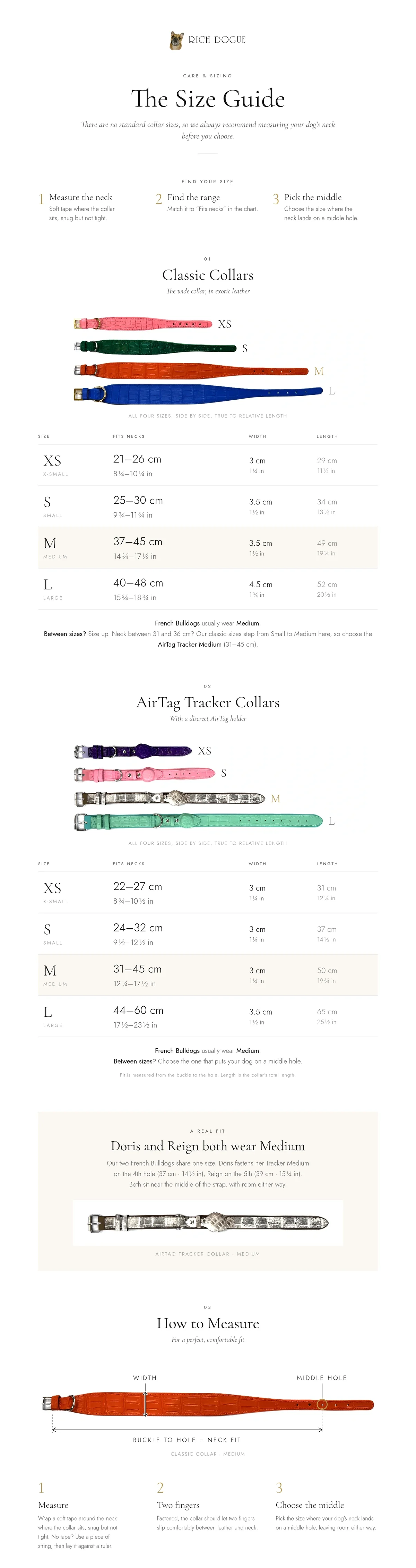 Rich Dogue size guide: classic and AirTag tracker collar sizes XS to L with neck fit, width and length, Doris and Reign's sizes, and how to measure
