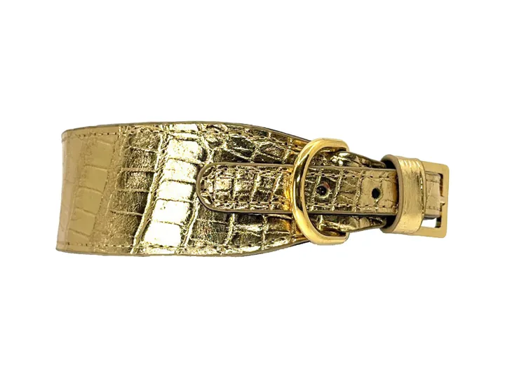 Gold Crocodile Collar, gold hardware: luxury crocodile leather dog collar