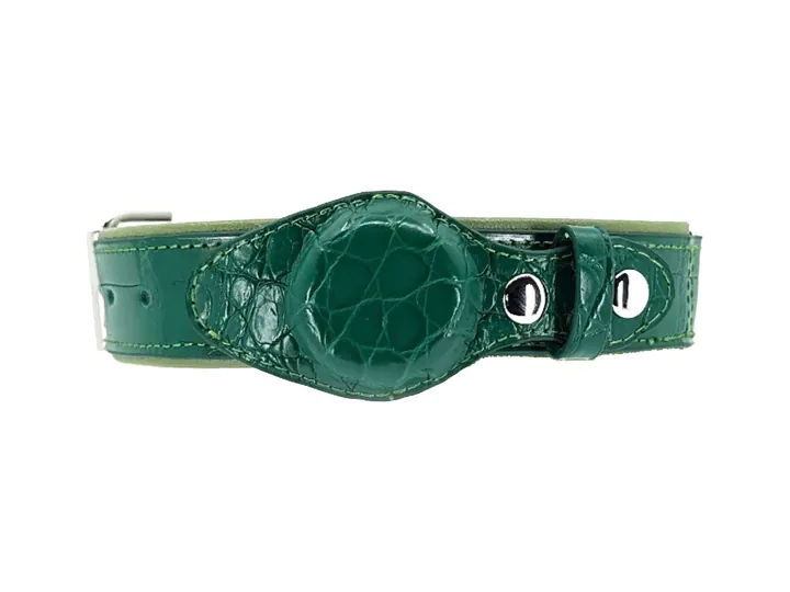 Green Crocodile Tracker Collar, silver hardware: luxury crocodile AirTag dog collar