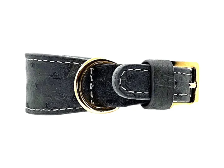 Grey Ostrich Collar, gold hardware: luxury ostrich leather dog collar
