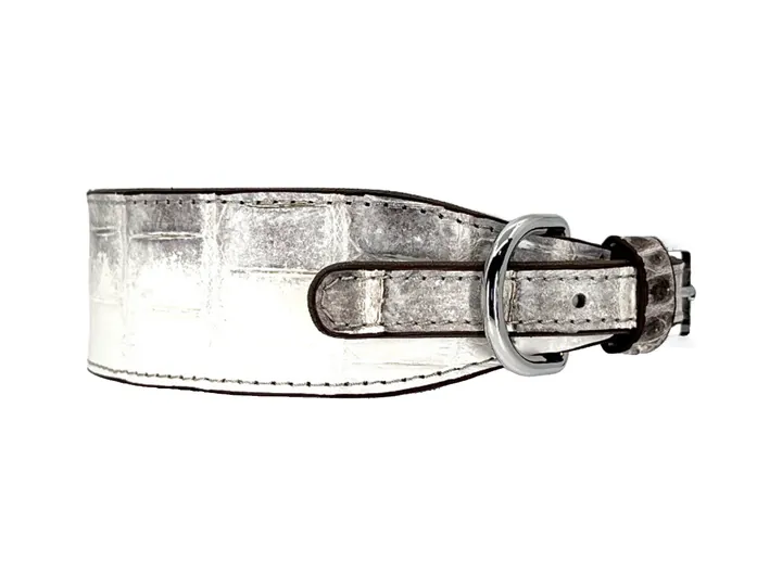 Himalayan Crocodile Collar, silver hardware: luxury crocodile leather dog collar