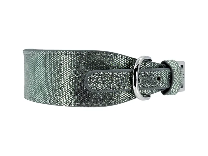 Iridescent Dark Green Water Snake Collar, silver hardware: luxury water snake leather dog collar