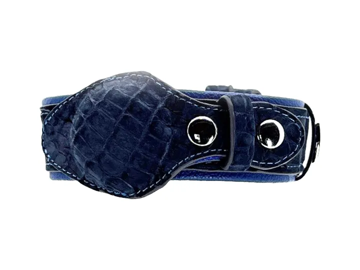 Marine Blue Suede-Finish Crocodile Tracker Collar, silver hardware: luxury crocodile AirTag dog collar