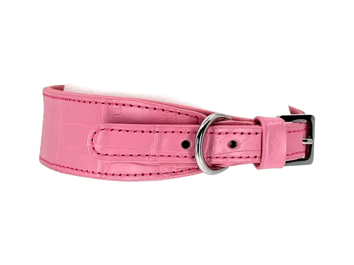 Pink Crocodile Collar, silver hardware: luxury crocodile leather dog collar
