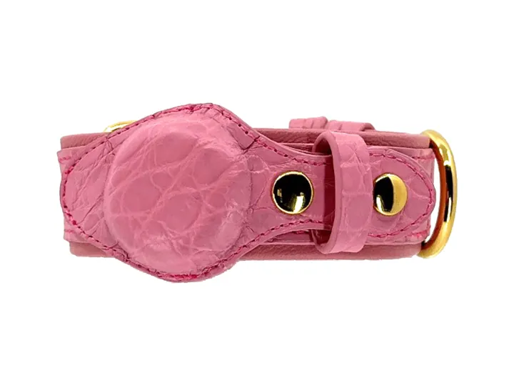 Pink Crocodile Tracker Collar, gold hardware: luxury crocodile AirTag dog collar