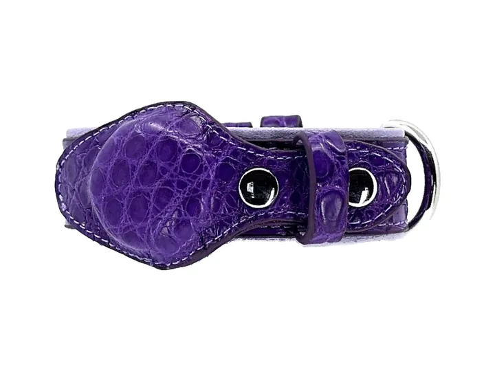 Purple Crocodile Tracker Collar, silver hardware: luxury crocodile AirTag dog collar