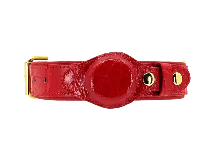 Red Crocodile Tracker Collar with gold hardware, front view of the AirTag pocket