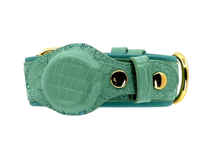 Teal Blue Crocodile Tracker Collar, gold hardware: luxury crocodile AirTag dog collar