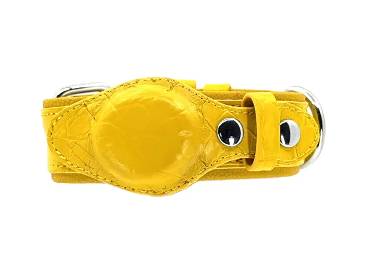 Yellow Crocodile Tracker Collar, silver hardware: luxury crocodile AirTag dog collar